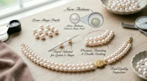Macro photography showing the high luster and uniform shape of a double strand Akoya pearl necklace.