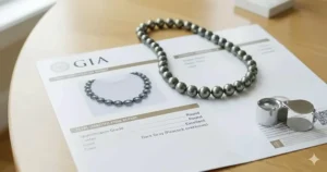 A photorealistic image of a Tahitian black pearl necklace resting on its official GIA grading certificate of authenticity.