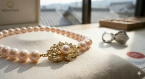 Detail view of a polished 18k yellow gold and diamond-encrusted filigree clasp on a certified Akoya pearl necklace strand.