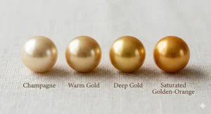Illustration of different golden South Sea pearl tones ranging from champagne to deep 24k gold.