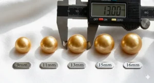 Comparison chart showing golden South Sea pearl diameters ranging from 9mm to 16mm on a necklace strand.
