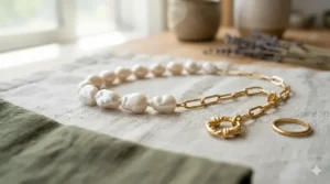 A high-detail product flat lay of an asymmetrical pearl and gold link necklace resting gracefully on a textured white linen cloth, featuring a prominent textured gold toggle clasp.