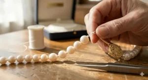 Macro shot of hand-knotted silk thread between individual pearls, ending at a solid 14k gold clasp.