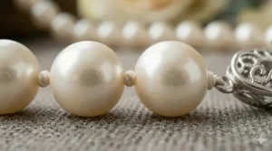 Detail of the individual silk knots between each gem on a high-quality classic single strand pearl necklace.