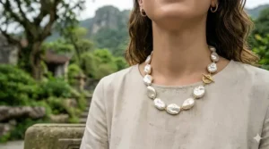 Multiple gold chains layered with a freshwater baroque pearl necklace for a trendy stacked jewelry look.