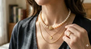 A layered jewelry style featuring a pearl necklace with a 14k gold clasp and matching gold chains.