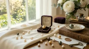 Illustration showing how to layer a short pearl station necklace gold chain with longer gold pendant necklaces.