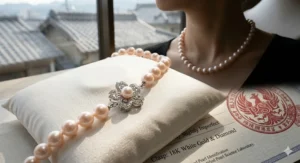 A professional woman wearing a single-strand certified Akoya pearl necklace with an evening dress for a classic look.