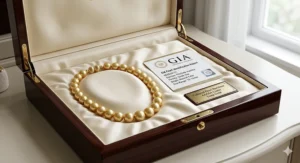 A golden South Sea pearl necklace presented in a premium velvet jewelry box with a certificate of authenticity.