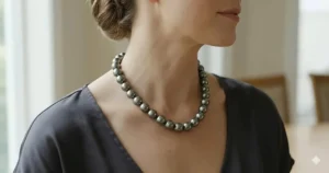 A photorealistic lifestyle shot showing an elegant woman wearing a 12mm Tahitian black pearl necklace.