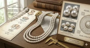 A detailed macro view of a freshwater multi strand pearl necklace highlighting the luster, shape uniformity, and surface quality of the pearls.