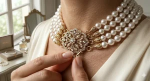 Close-up shot of an intricate vintage filigree gold clasp securing a five-strand pearl necklace.