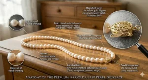 Infographic showing the components of a high-end pearl necklace, including the 14k gold clasp and AA-grade pearls.