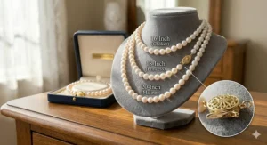 Size chart illustrating various lengths of pearl necklaces featuring 14k gold clasps.