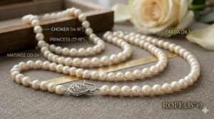 Illustration comparing different lengths of a classic single strand pearl necklace from choker to opera style.