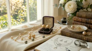 Detailed view of the adjustable spring ring clasp on a 14k gold chain pearl station necklace.