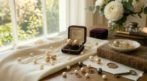 Elegant white gold chain pearl station necklace showcasing evenly spaced round pearls.