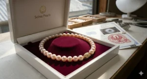 A presentation shot of a white presentation box with a rich burgundy velvet interior holding a certified Akoya pearl necklace.