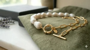 A detailed, 4K photorealistic product shot capturing the lustrous texture of large white baroque pearls paired with an intricate gold link chain on an earthy green fabric background.
