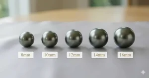 A size comparison infographic showing Tahitian black pearls ranging from 8mm to 16mm in diameter.