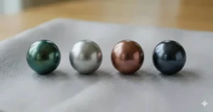 A visual guide comparing the peacock, silver, copper, and charcoal overtones found in Tahitian black pearls.