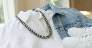 A flat lay image showing a Tahitian black pearl necklace styled casually with a white linen shirt and denim jacket.