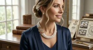 A twisted torsade style multi strand pearl necklace made with seed pearls, creating a textured, statement jewelry piece.