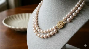 Elegant woman wearing a double strand white pearl necklace with a black evening dress.