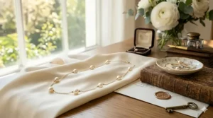 A woman wearing a dainty floating pearl station necklace with a shimmering yellow gold chain against a beige sweater.